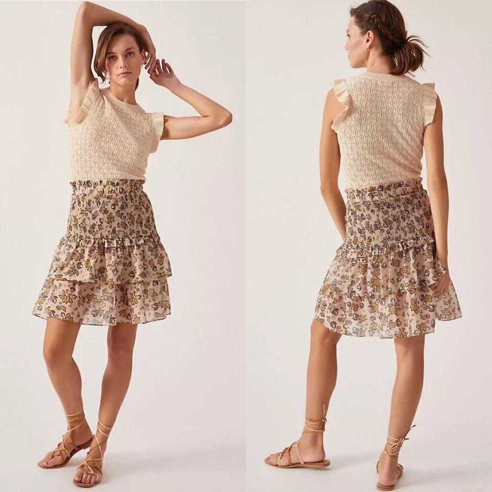 Anthropologie Current Air Sweater Dress Large Smocked Ruffle Crewneck Floral S